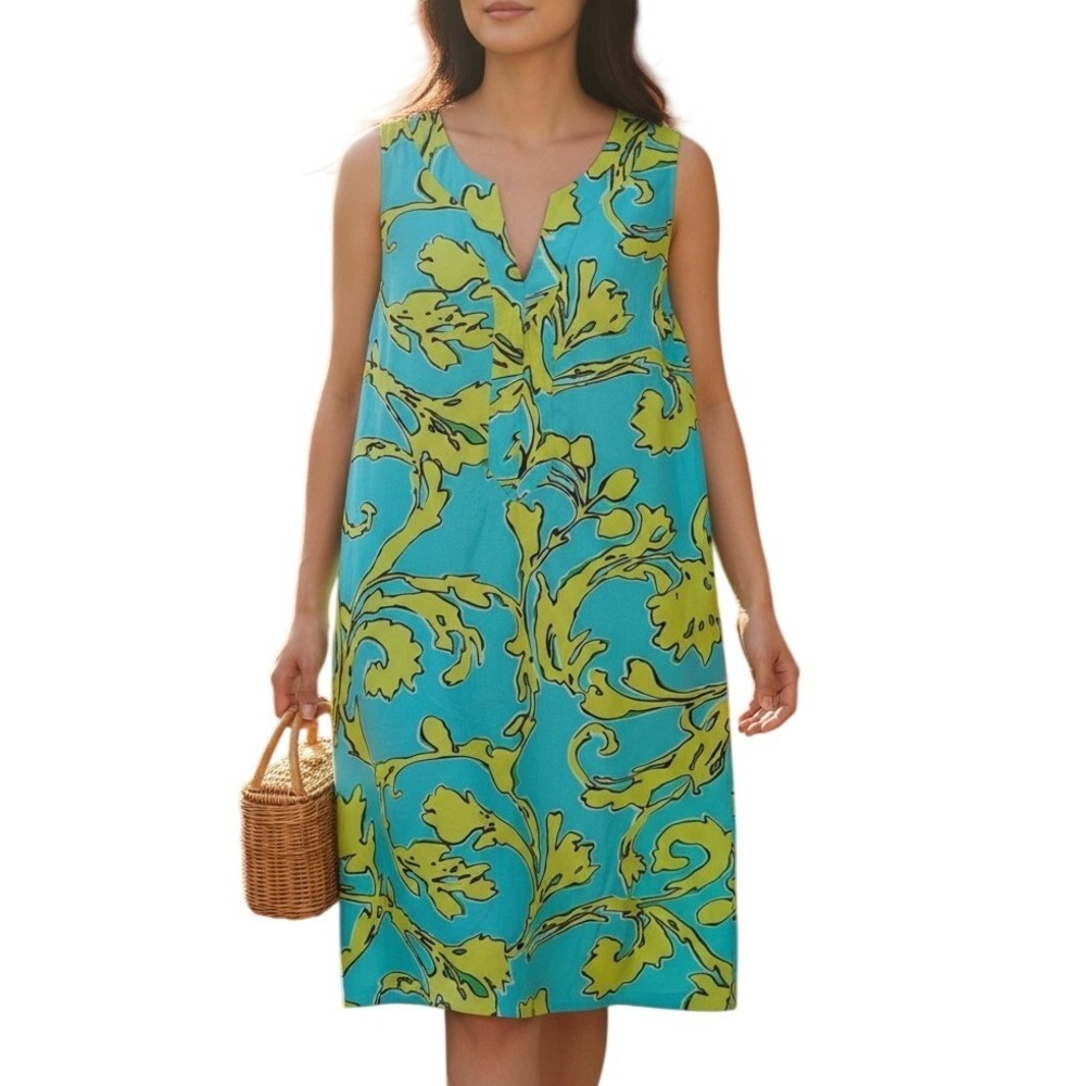 Julie Brown NYC Shift Dress Womens 2 Turquoise Blue Lime Green Floral Resortwear